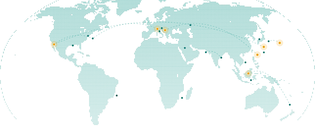 QuickQ VPN 全球高速节点分布点阵地图，覆盖亚洲、欧洲与北美
